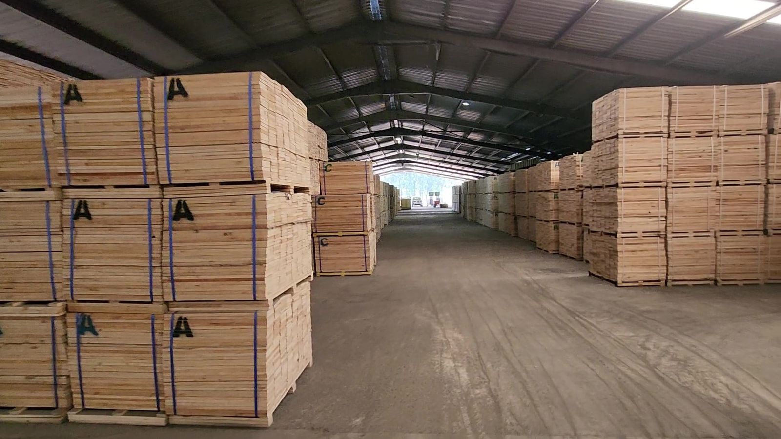 The timber warehouse with packs of sawn timber on both sides
